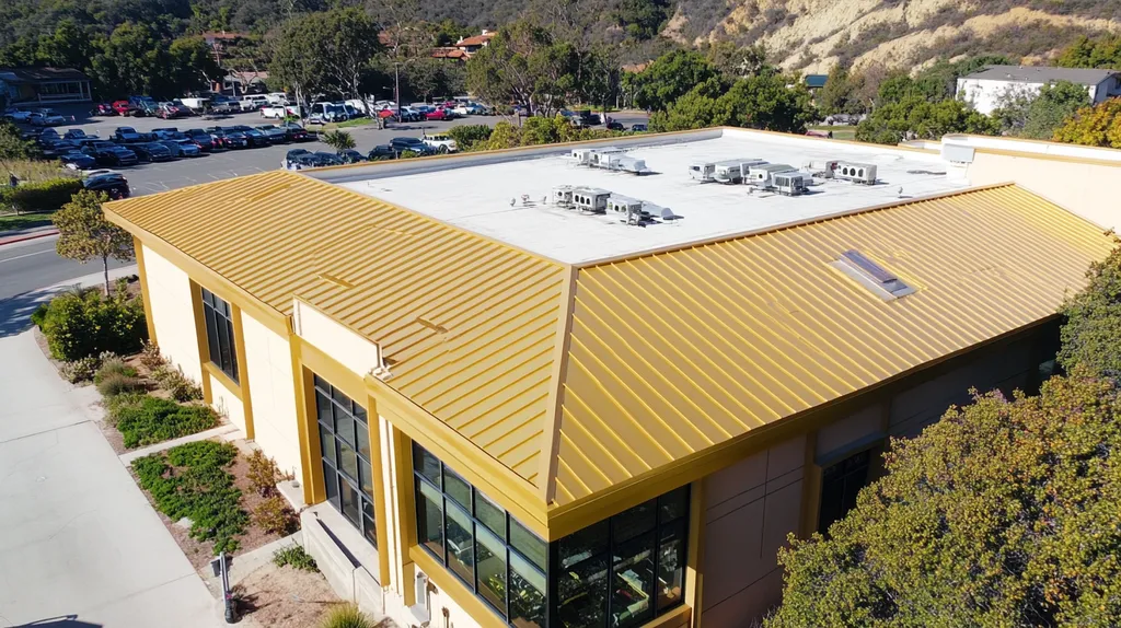 A commercial roof on a post office in a location similar to Malibu with a solid gold aesthetic (AI image)