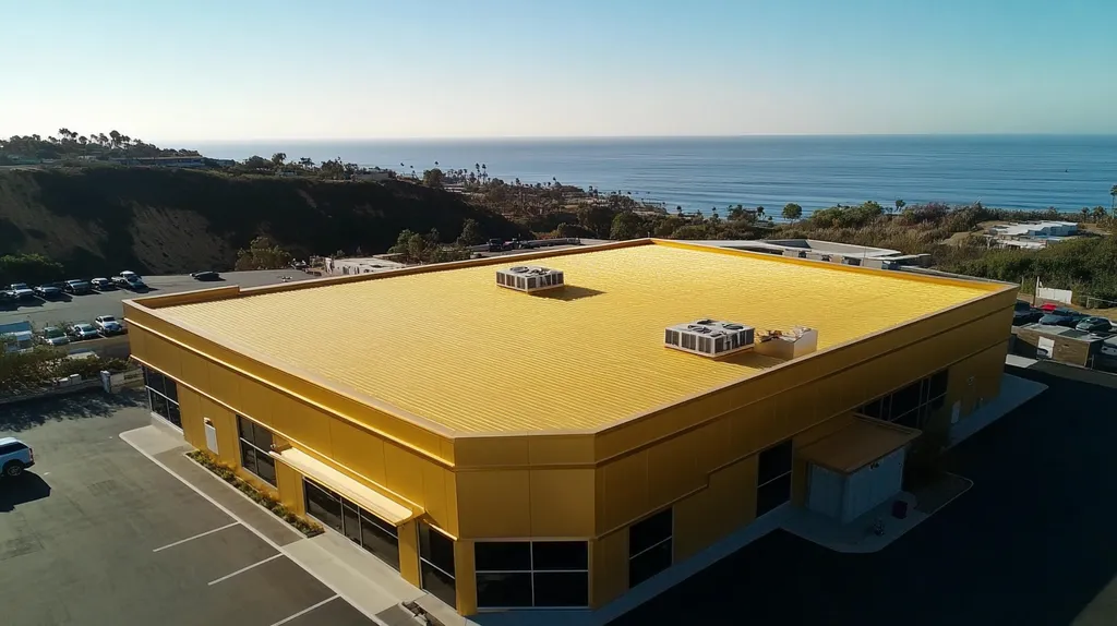 A commercial roof on a post office in a location similar to Malibu with a solid gold aesthetic (AI image)