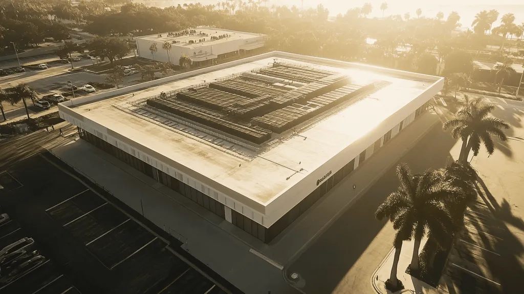 A commercial roof on a post office in a location similar to Miami with a color highlight aesthetic (AI image)