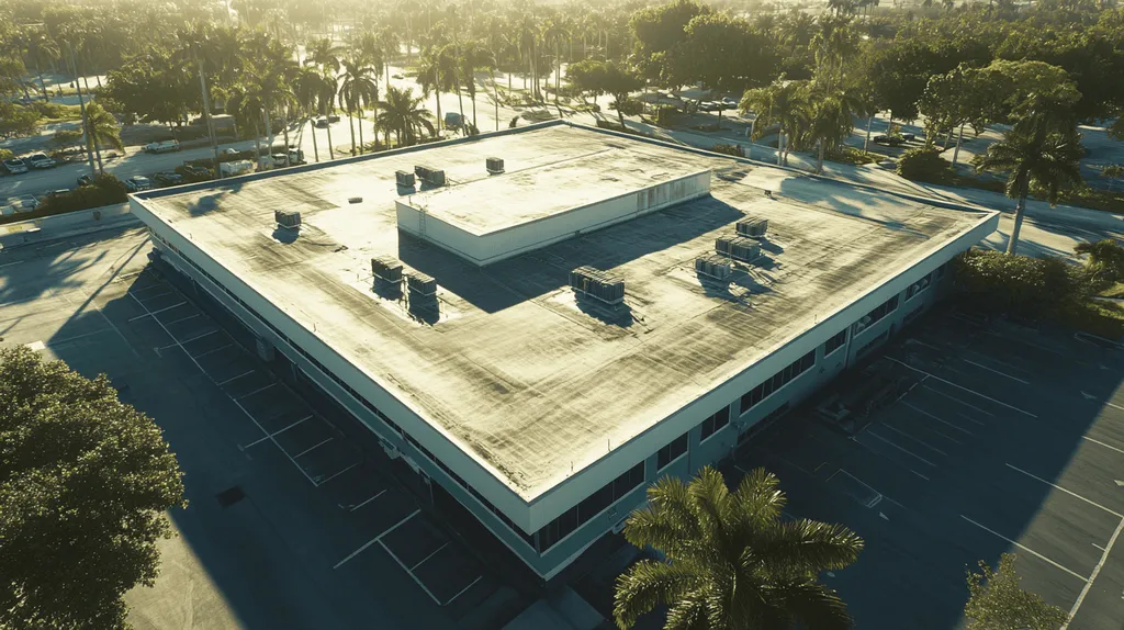 A commercial roof on a post office in a location similar to Miami with a color highlight aesthetic (AI image)