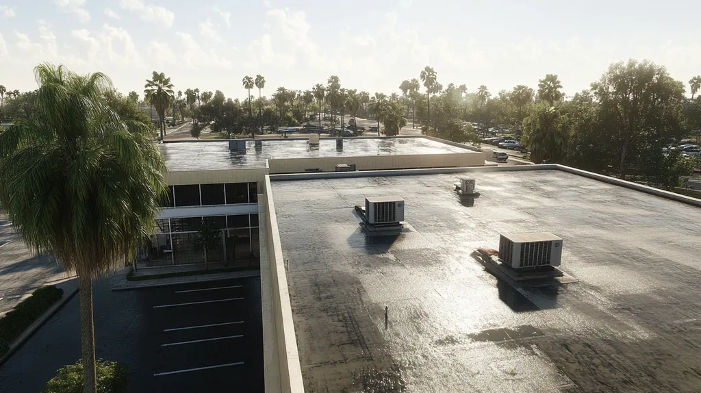 A commercial roof on a post office in a location similar to Miami with a rainy day aesthetic (AI image)