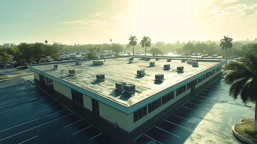 A commercial roof on a post office in a location similar to Miami with a rainy day aesthetic (AI image)