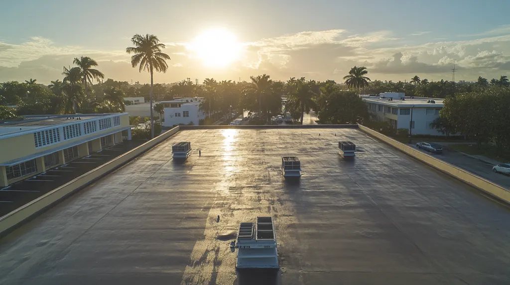 A commercial roof on a post office in a location similar to Miami with a rainy day aesthetic (AI image)