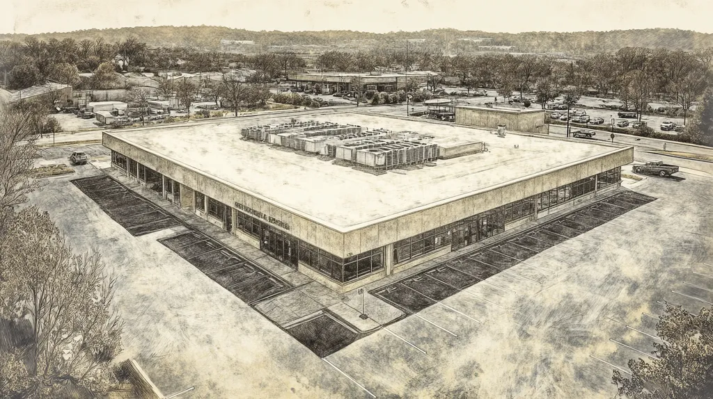 A commercial roof on a post office in a location similar to Nashville with a charcoal sketch aesthetic (AI image)