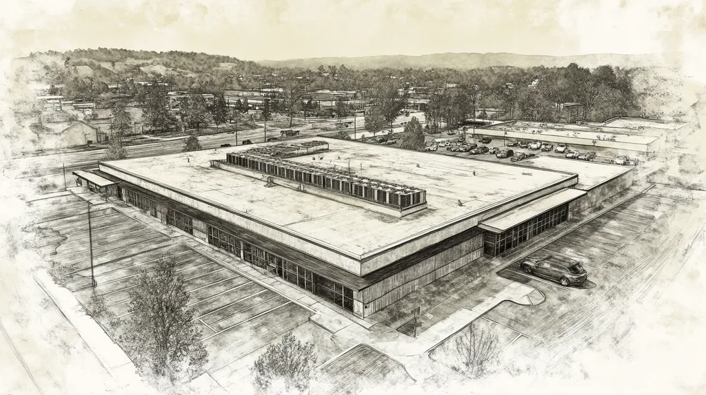 A commercial roof on a post office in a location similar to Nashville with a charcoal sketch aesthetic (AI image)