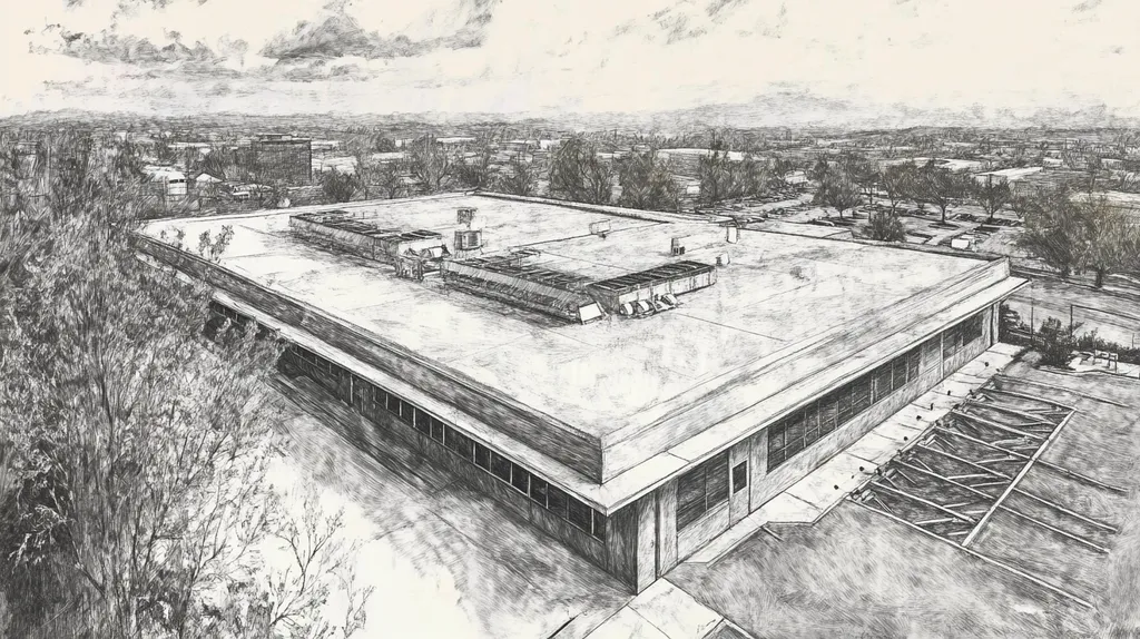 A commercial roof on a post office in a location similar to Nashville with a charcoal sketch aesthetic (AI image)
