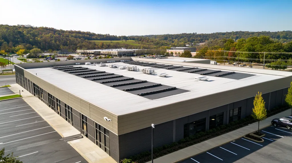 A commercial roof on a post office in a location similar to Nashville with a color highlight aesthetic (AI image)