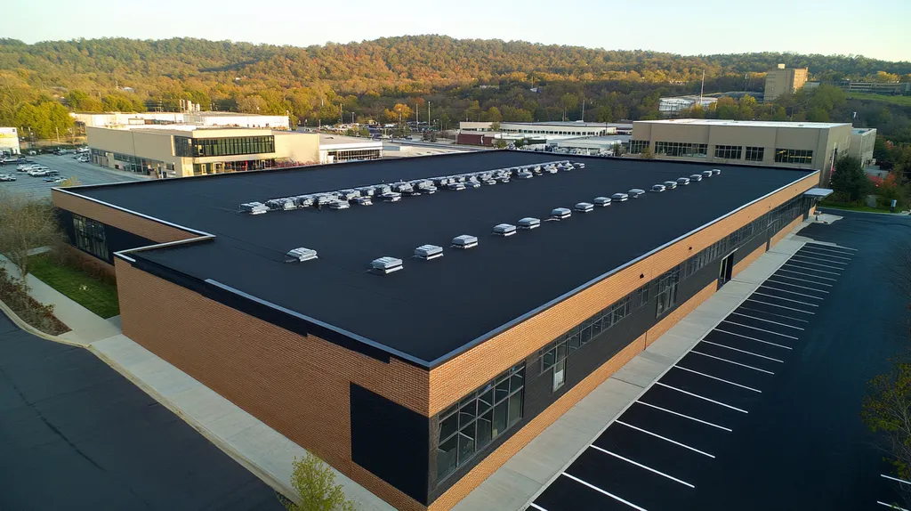 A commercial roof on a post office in a location similar to Nashville with a color highlight aesthetic (AI image)