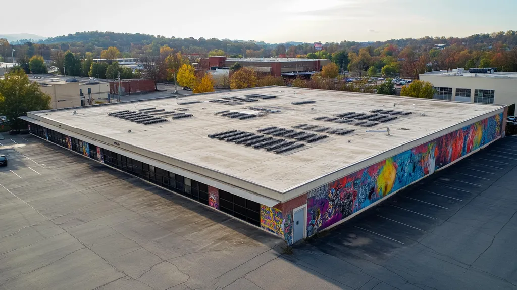 A commercial roof on a post office in a location similar to Nashville with a graffiti mural aesthetic (AI image)