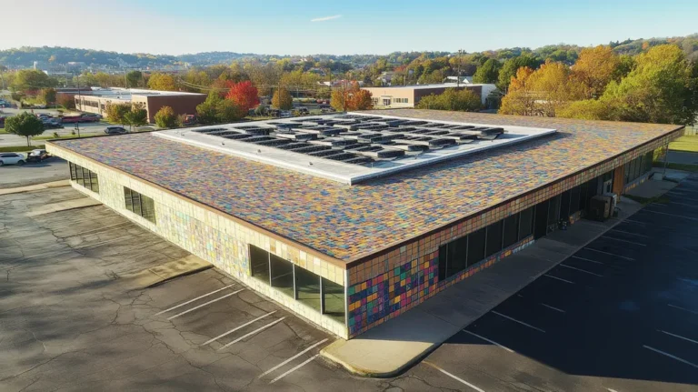 A commercial roof on a post office in a location similar to Nashville with a mosaic tile art aesthetic (AI image)