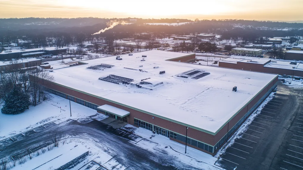 A commercial roof on a post office in a location similar to Nashville with a snowy day aesthetic (AI image)