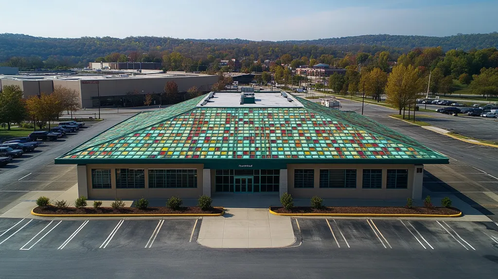 A commercial roof on a post office in a location similar to Nashville with a stained glass style aesthetic (AI image)
