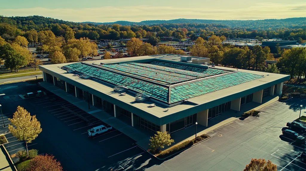 A commercial roof on a post office in a location similar to Nashville with a stained glass style aesthetic (AI image)