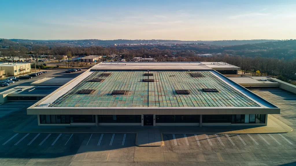 A commercial roof on a post office in a location similar to Nashville with a stained glass style aesthetic (AI image)