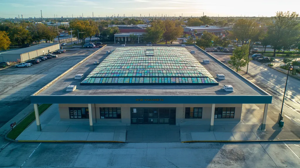 A commercial roof on a post office in a location similar to New Orleans with a stained glass style aesthetic (AI image)