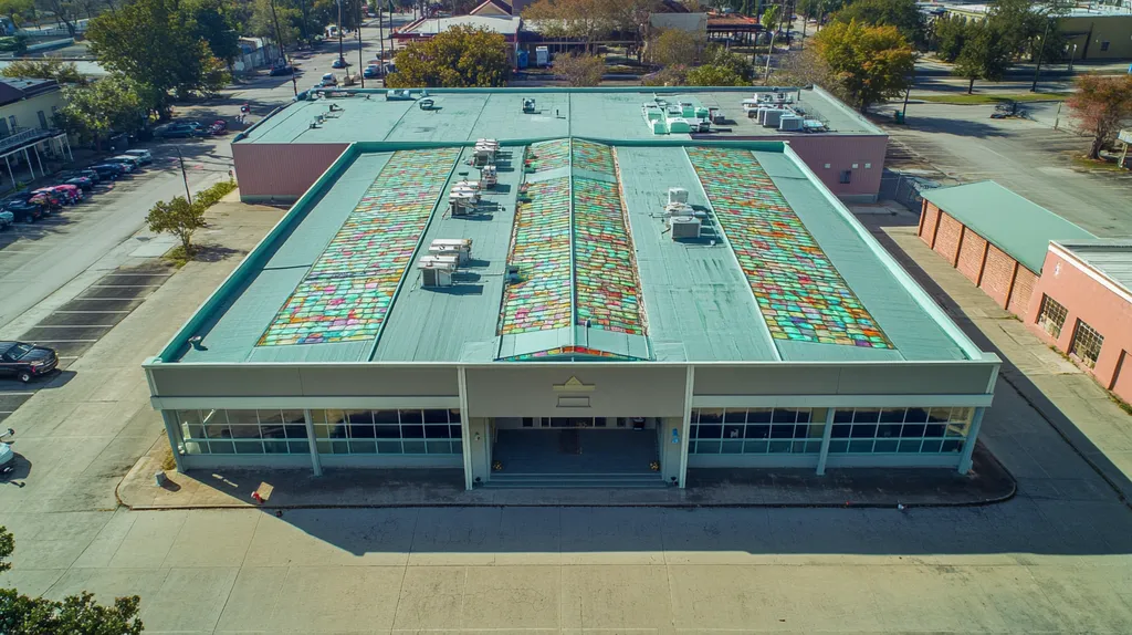 A commercial roof on a post office in a location similar to New Orleans with a stained glass style aesthetic (AI image)