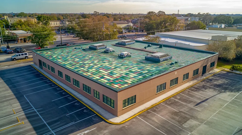 A commercial roof on a post office in a location similar to New Orleans with a stained glass style aesthetic (AI image)