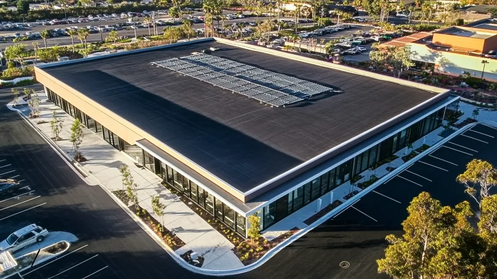 A commercial roof on a post office in a location similar to Newport Beach with a charcoal sketch aesthetic (AI image)