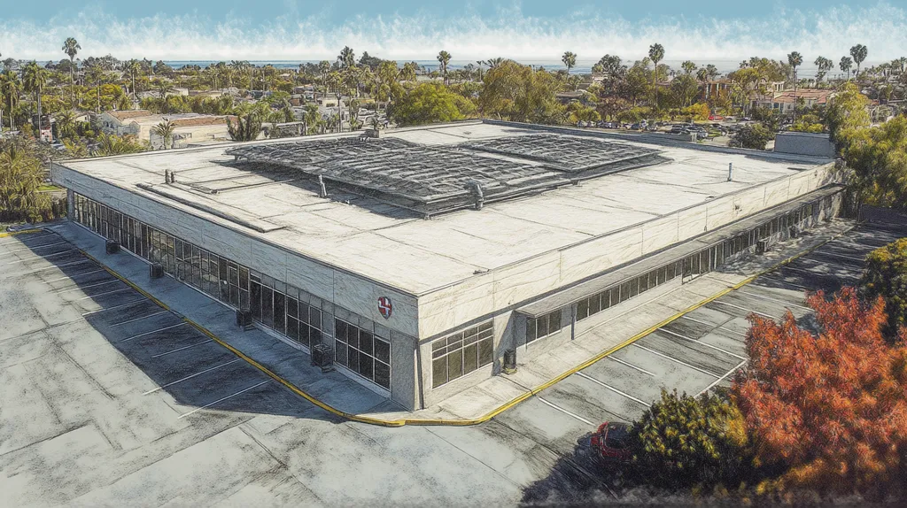 A commercial roof on a post office in a location similar to Newport Beach with a charcoal sketch aesthetic (AI image)
