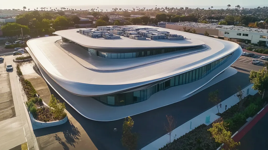 A commercial roof on a post office in a location similar to Newport Beach with a futuristic aesthetic (AI image)
