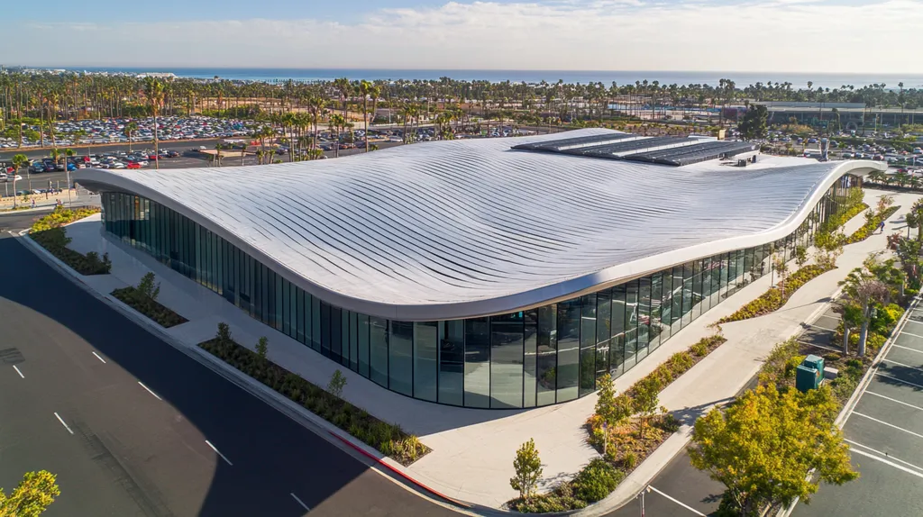 A commercial roof on a post office in a location similar to Newport Beach with a futuristic aesthetic (AI image)