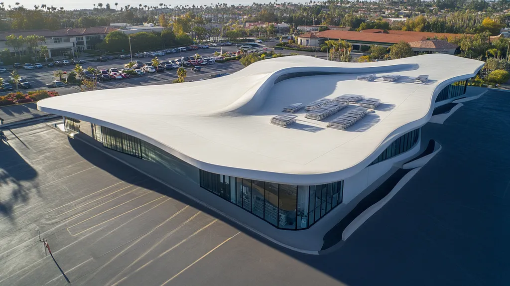 A commercial roof on a post office in a location similar to Newport Beach with a futuristic aesthetic (AI image)