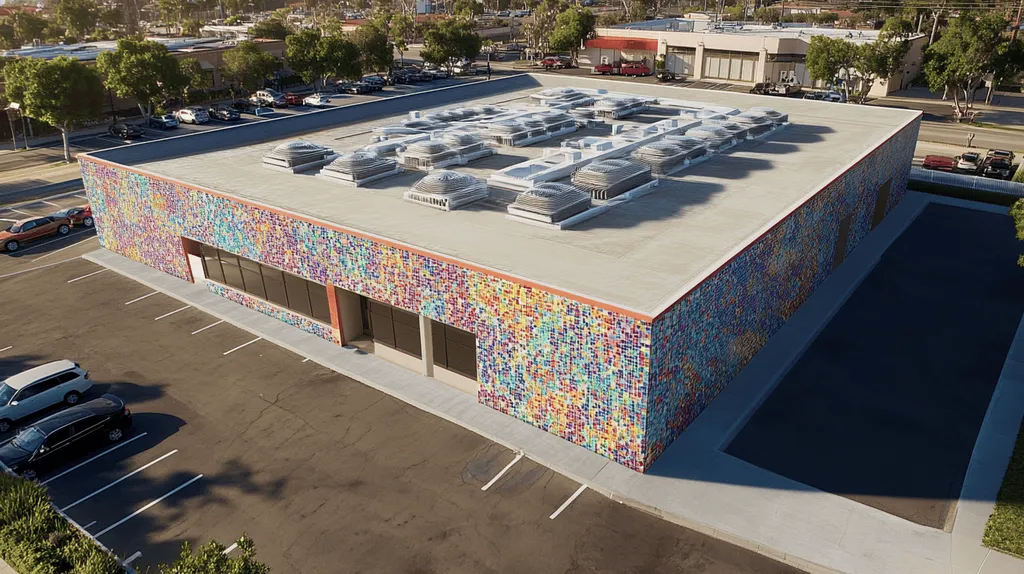 A commercial roof on a post office in a location similar to Newport Beach with a mosaic tile art aesthetic (AI image)