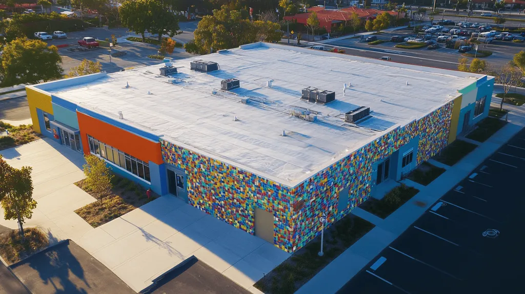 A commercial roof on a post office in a location similar to Newport Beach with a mosaic tile art aesthetic (AI image)