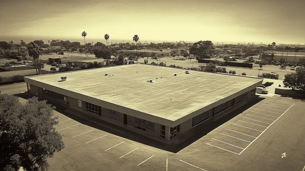 A commercial roof on a post office in a location similar to Newport Beach with a tintype aesthetic (AI image)