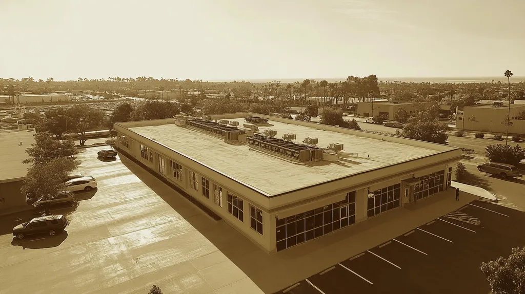 A commercial roof on a post office in a location similar to Newport Beach with a tintype aesthetic (AI image)