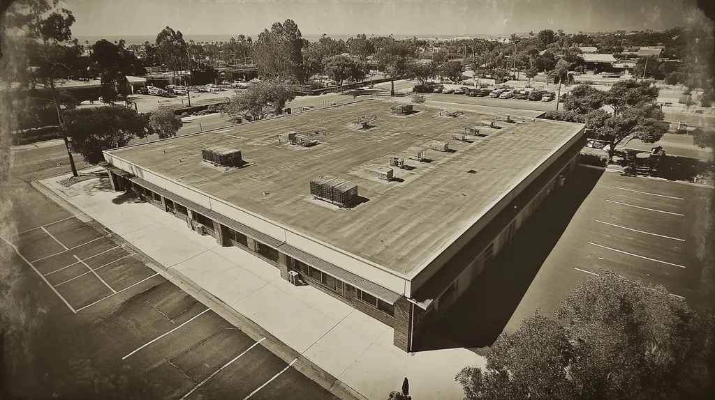 A commercial roof on a post office in a location similar to Newport Beach with a tintype aesthetic (AI image)