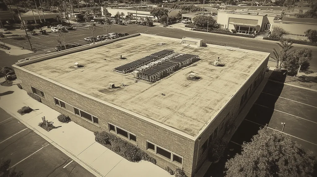A commercial roof on a post office in a location similar to Newport Beach with a tintype aesthetic (AI image)
