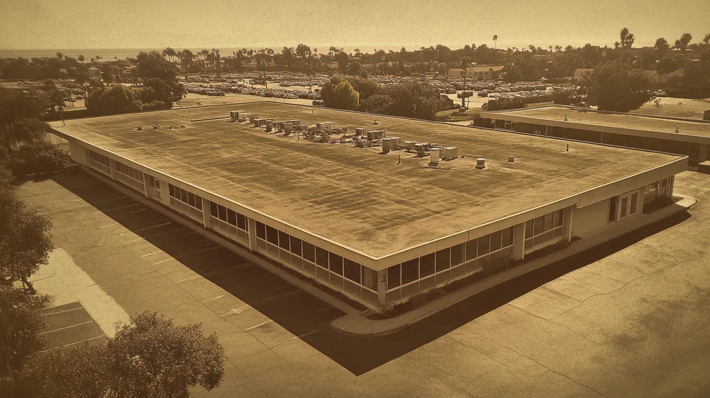 A commercial roof on a post office in a location similar to Newport Beach with a tintype aesthetic (AI image)