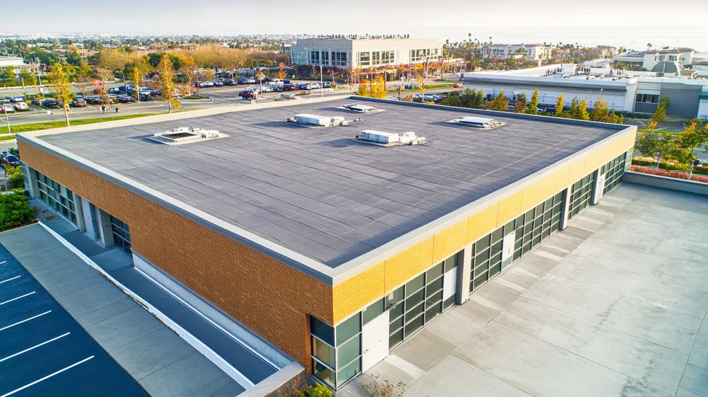 A commercial roof on a post office in a location similar to Newport Beach with an urban context aesthetic (AI image)