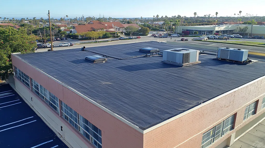 A commercial roof on a post office in a location similar to Newport Beach with an urban context aesthetic (AI image)