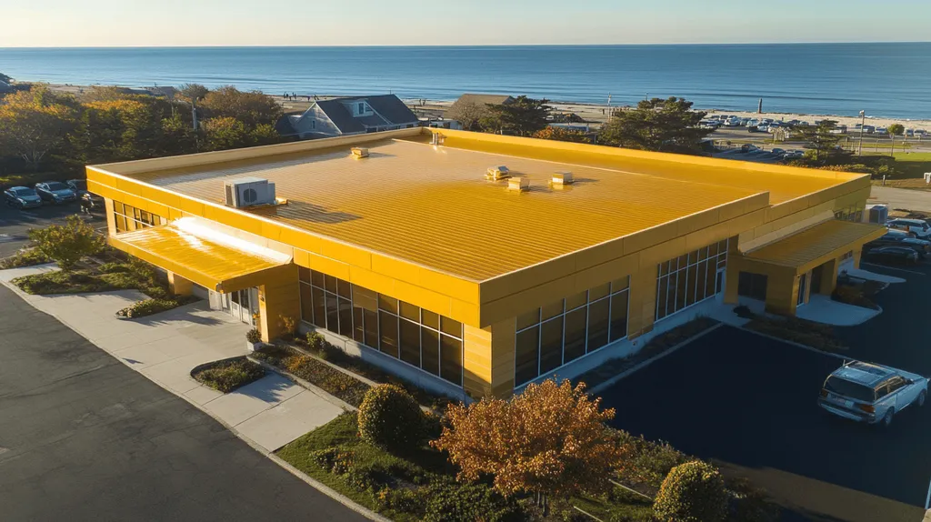 A commercial roof on a post office in a location similar to Newport, Rhode Island with a solid gold aesthetic (AI image)