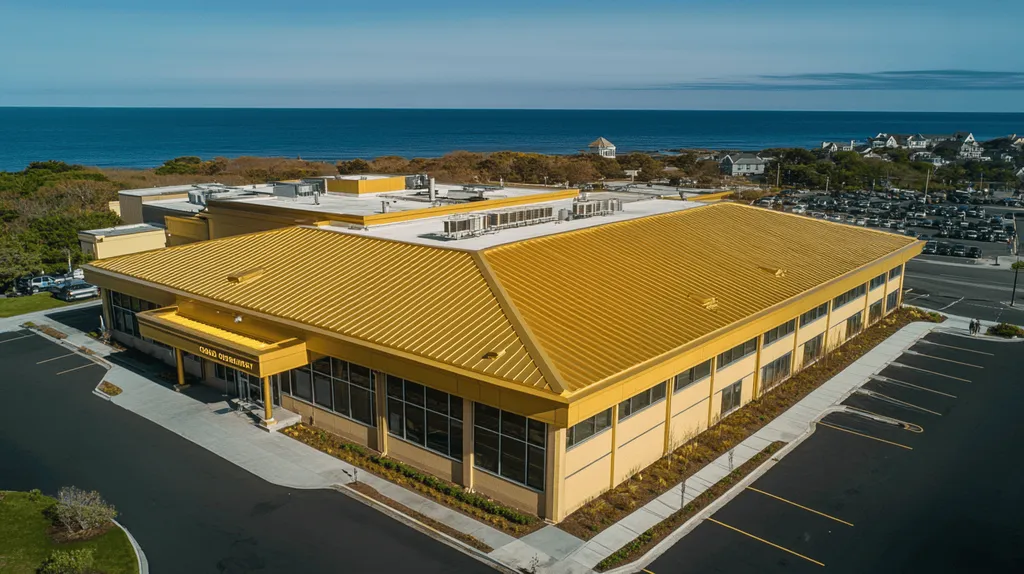 A commercial roof on a post office in a location similar to Newport, Rhode Island with a solid gold aesthetic (AI image)
