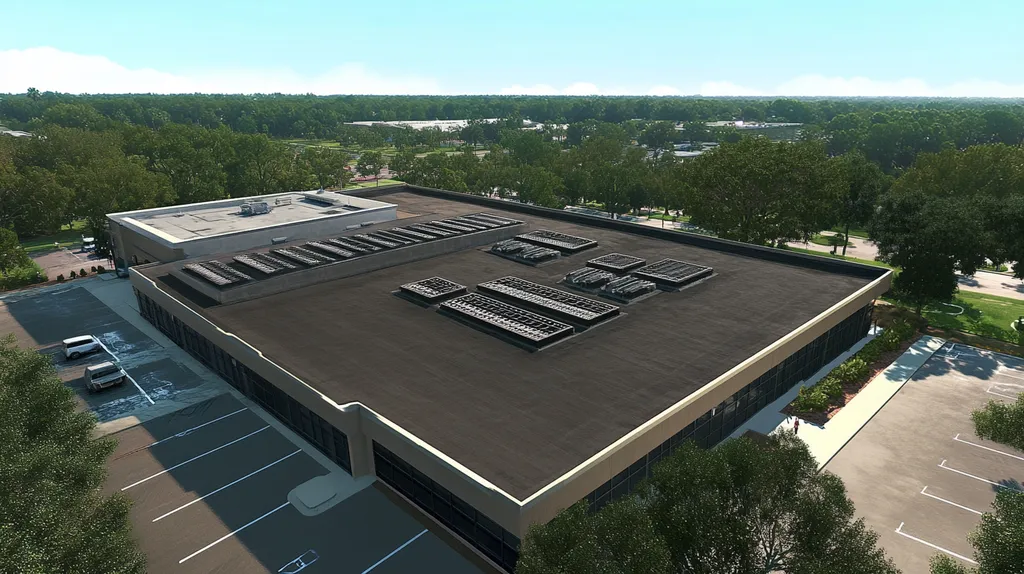 A commercial roof on a post office in a location similar to Orlando with a comic book style aesthetic (AI image)