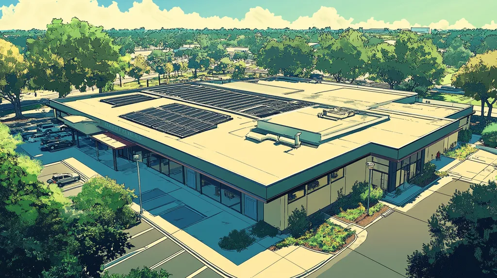 A commercial roof on a post office in a location similar to Orlando with a comic book style aesthetic (AI image)