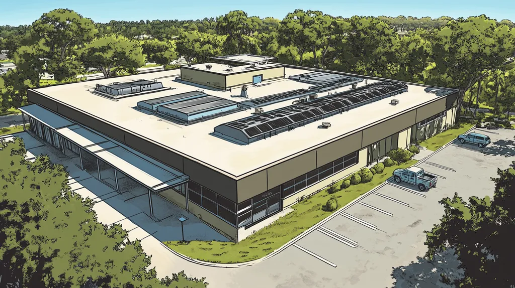 A commercial roof on a post office in a location similar to Orlando with a comic book style aesthetic (AI image)