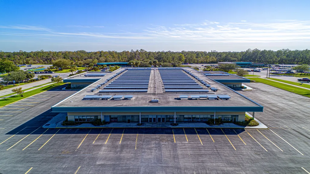 A commercial roof on a post office in a location similar to Orlando with a cross-processed look aesthetic (AI image)