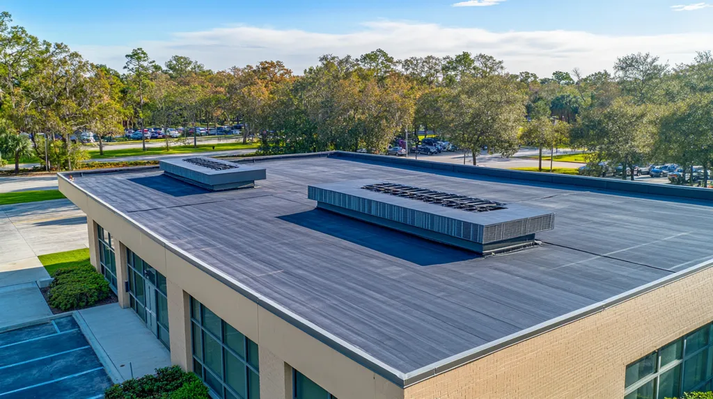 A commercial roof on a post office in a location similar to Orlando with a cross-processed look aesthetic (AI image)