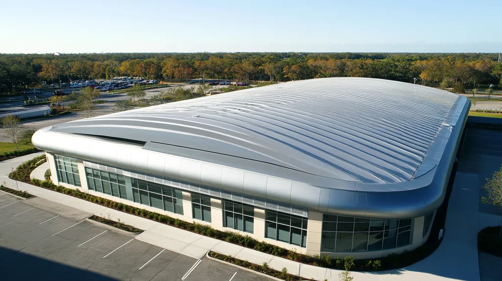 A commercial roof on a post office in a location similar to Orlando with a futuristic aesthetic (AI image)