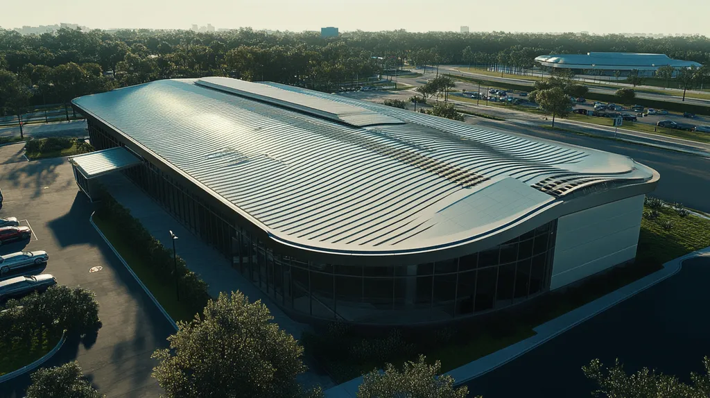 A commercial roof on a post office in a location similar to Orlando with a futuristic aesthetic (AI image)