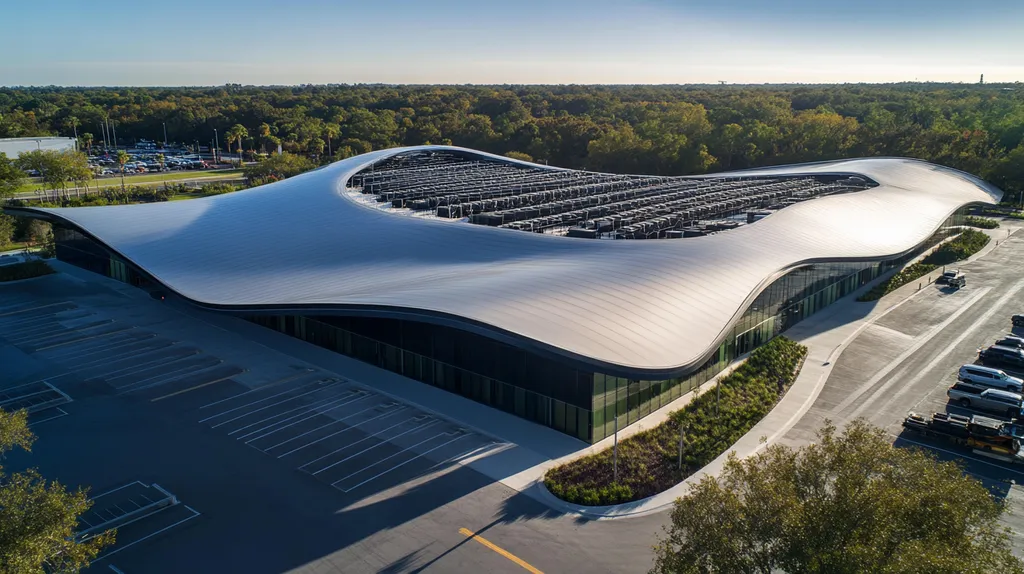 A commercial roof on a post office in a location similar to Orlando with a futuristic aesthetic (AI image)