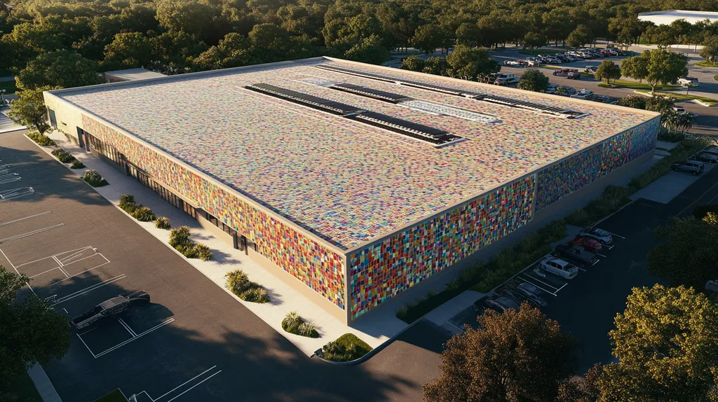 A commercial roof on a post office in a location similar to Orlando with a mosaic tile art aesthetic (AI image)