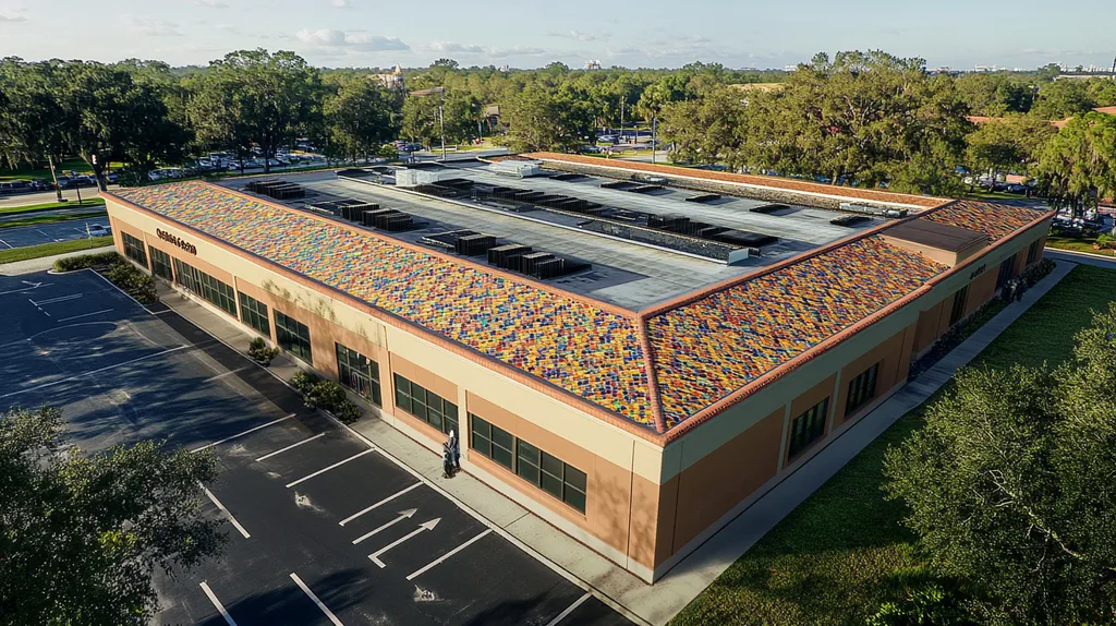 A commercial roof on a post office in a location similar to Orlando with a mosaic tile art aesthetic (AI image)
