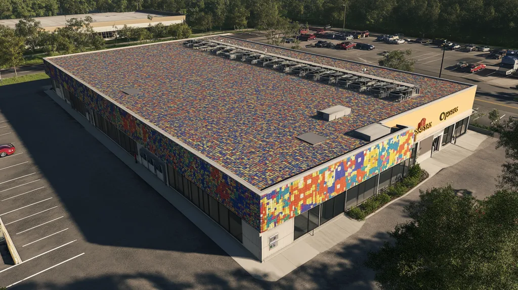 A commercial roof on a post office in a location similar to Orlando with a mosaic tile art aesthetic (AI image)