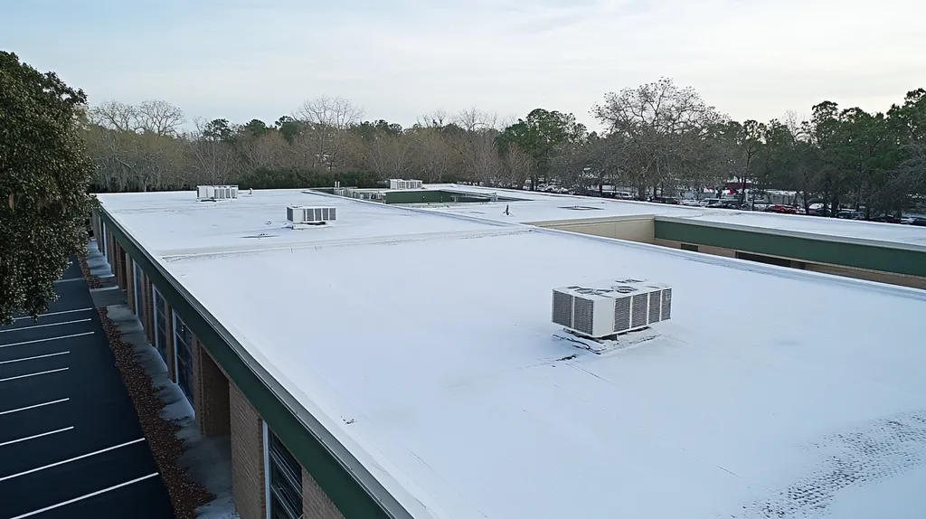 A commercial roof on a post office in a location similar to Orlando with a snowy day aesthetic (AI image)