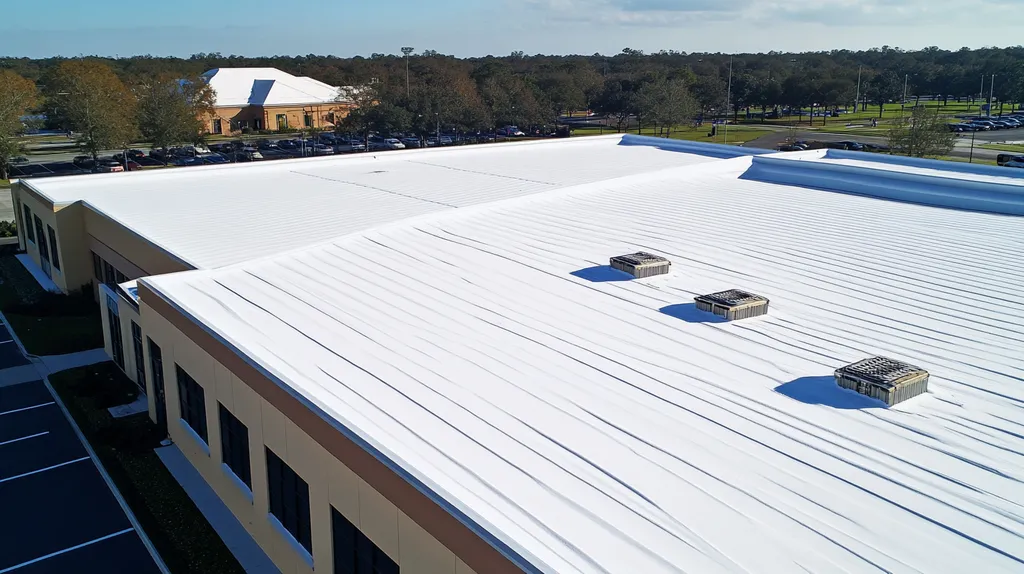 A commercial roof on a post office in a location similar to Orlando with a snowy day aesthetic (AI image)